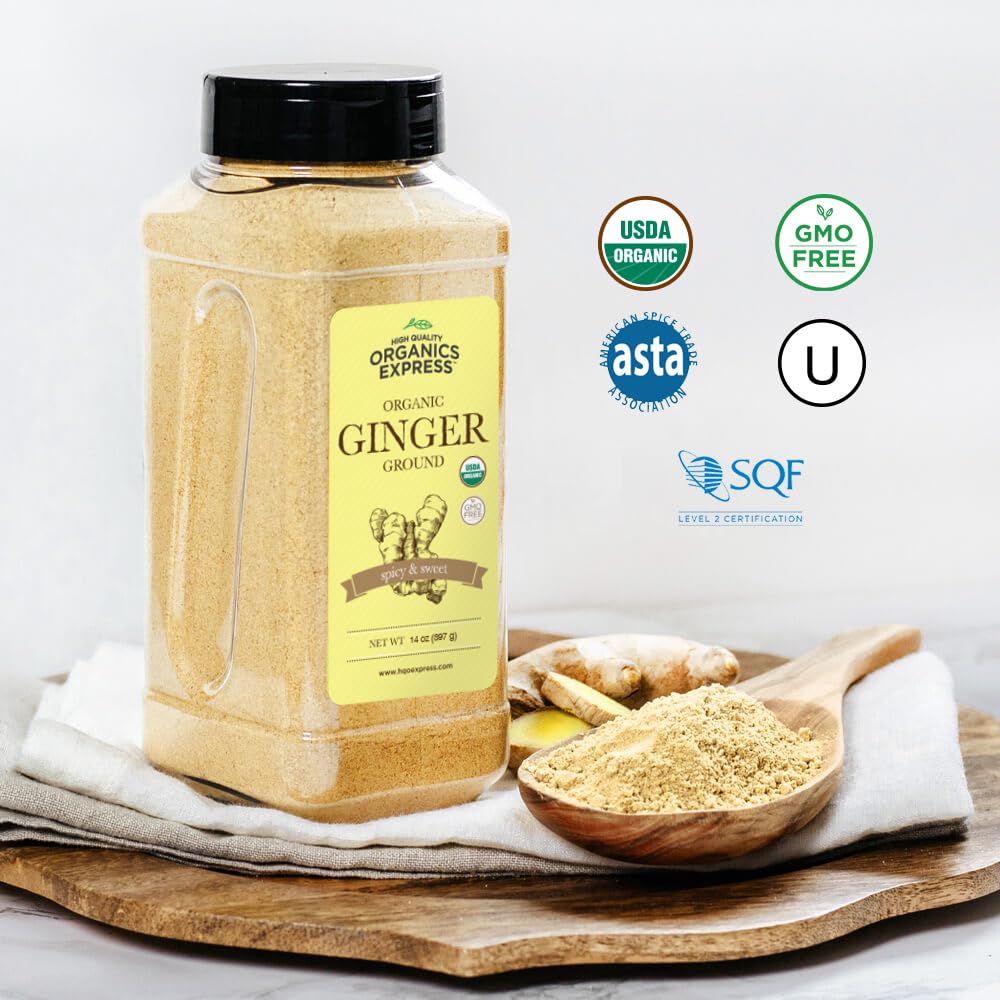 HQOExpress organic ginger powder close-up showing aroma and texture.