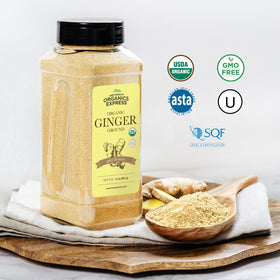 HQOExpress organic ginger powder close-up showing aroma and texture.