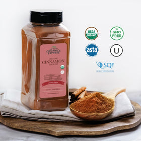 HQOExpress organic ground cinnamon powder closeup shows fine texture for even blending.