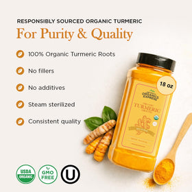HQOExpress organic turmeric powder jar on shelf in pantry.