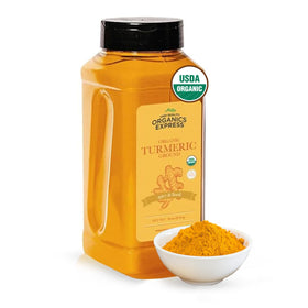HQOExpress organic ground turmeric powder label close-up showing USDA Organic seal.