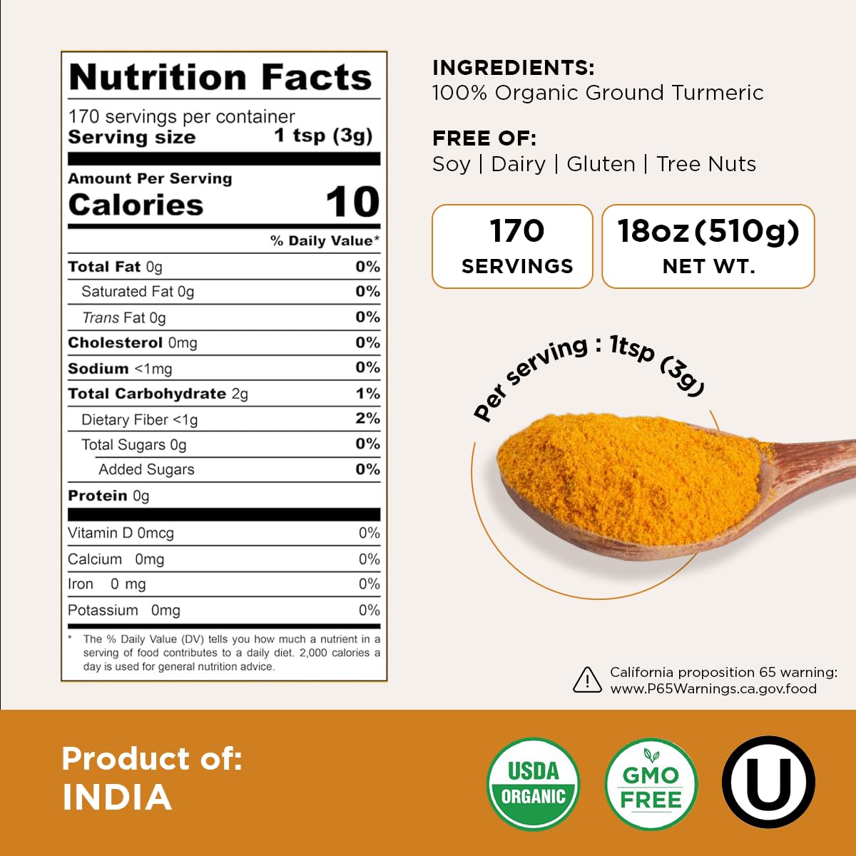 HQOExpress turmeric powder being poured, ideal for curries and rice dishes.