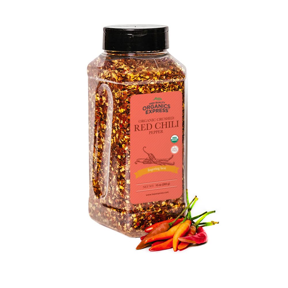 HQOExpress Organic Red Chili Pepper Crushed in a jar for bold flavor.