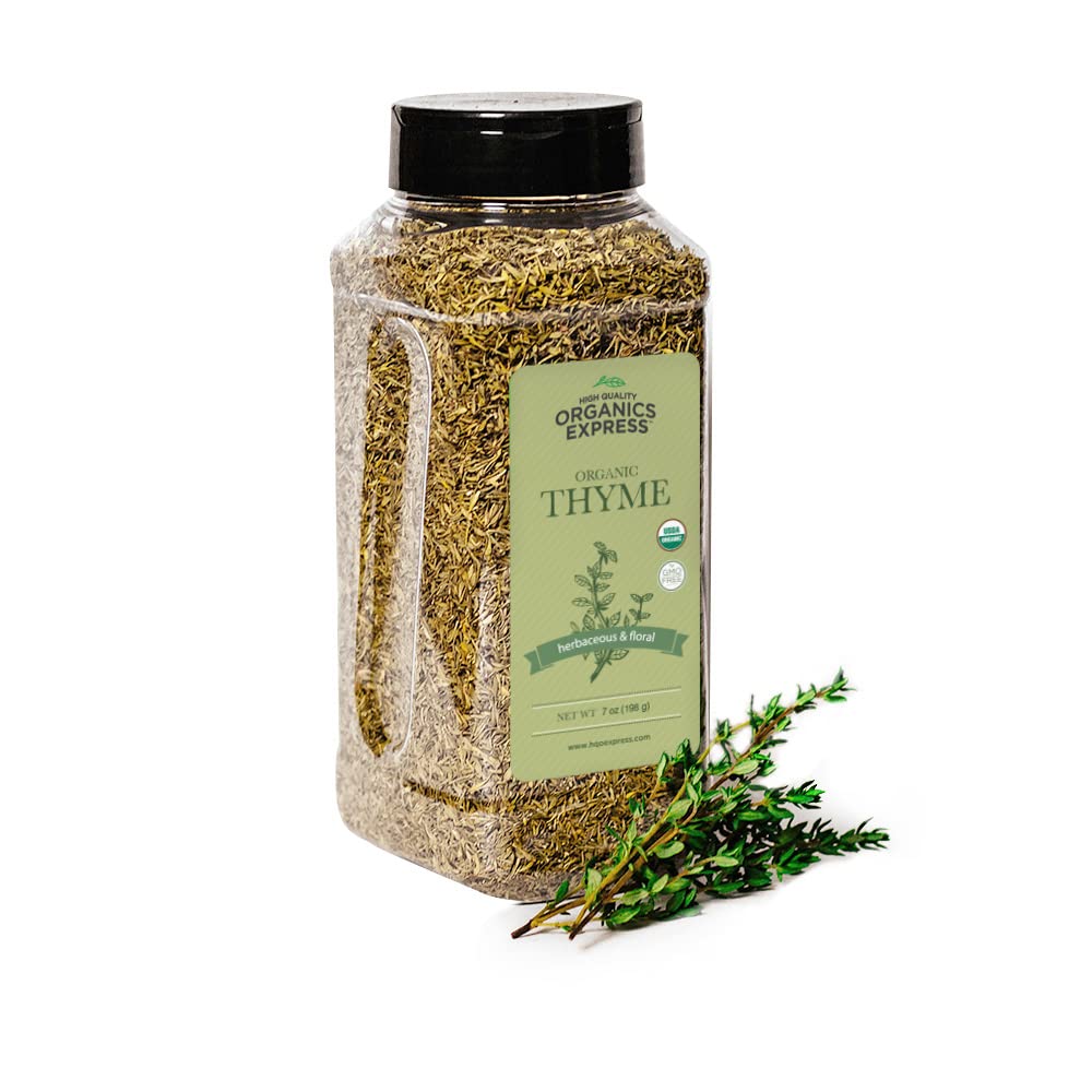 HQOExpress Organic Thyme Leaf in jar shows versatile seasoning for pasta and stews