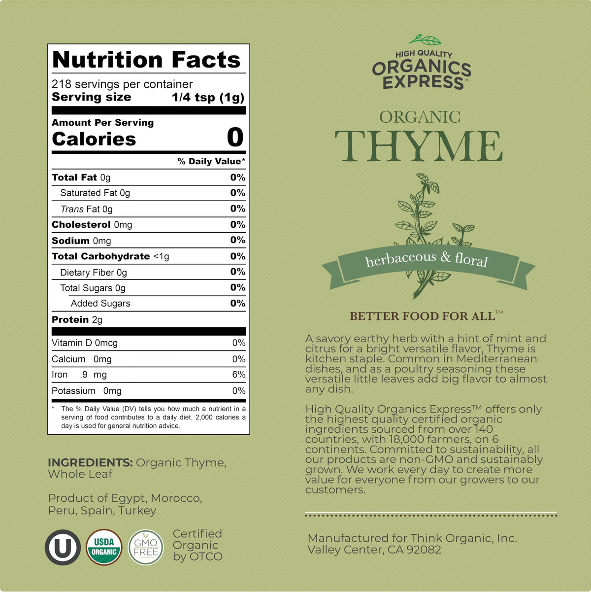 HQOExpress Organic Thyme spice label on jar signals USDA Organic quality