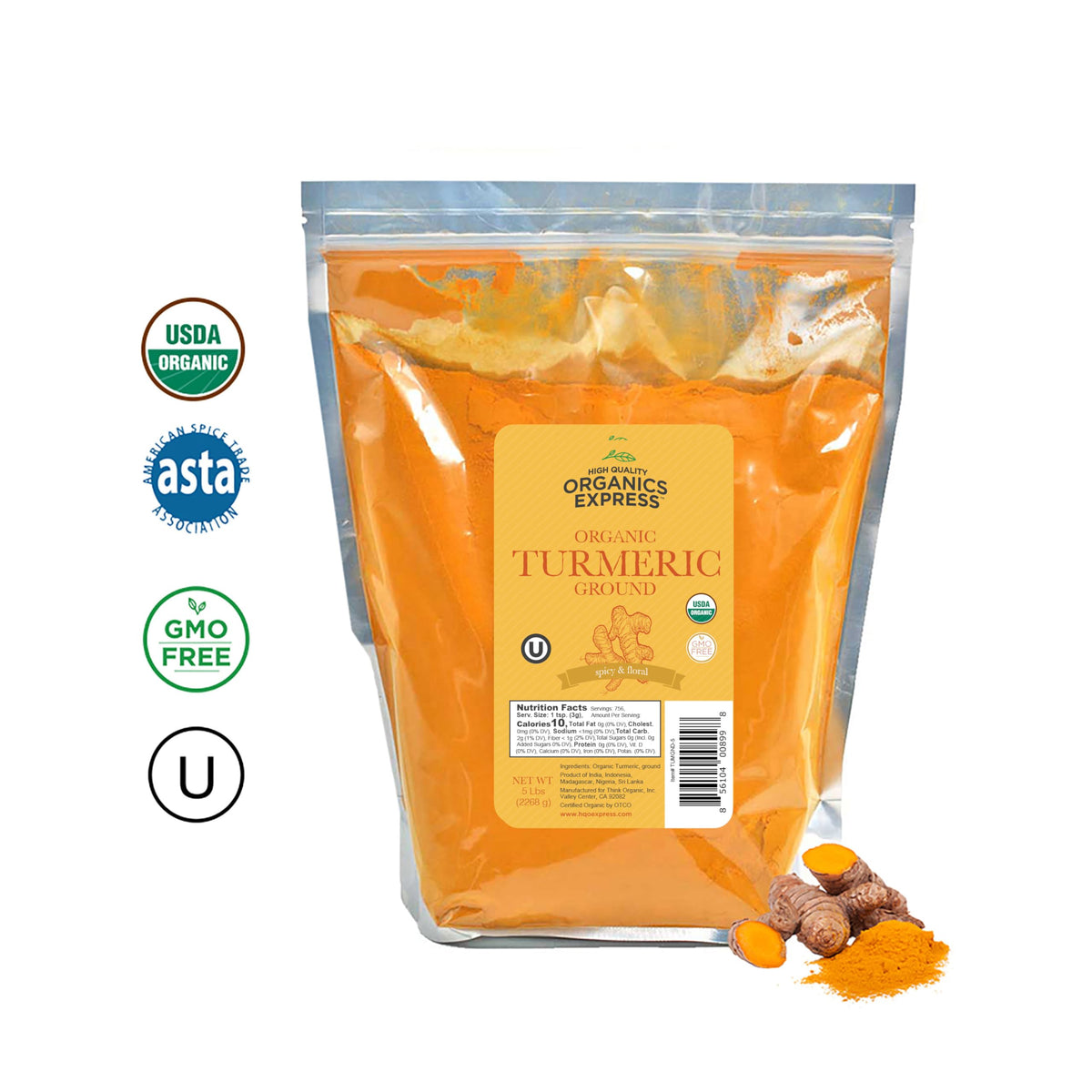 HQOExpress organic turmeric powder label showing USDA Organic certification