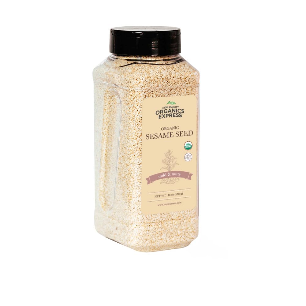 HQOExpress organic white sesame seeds in a chef jar ready for cooking
