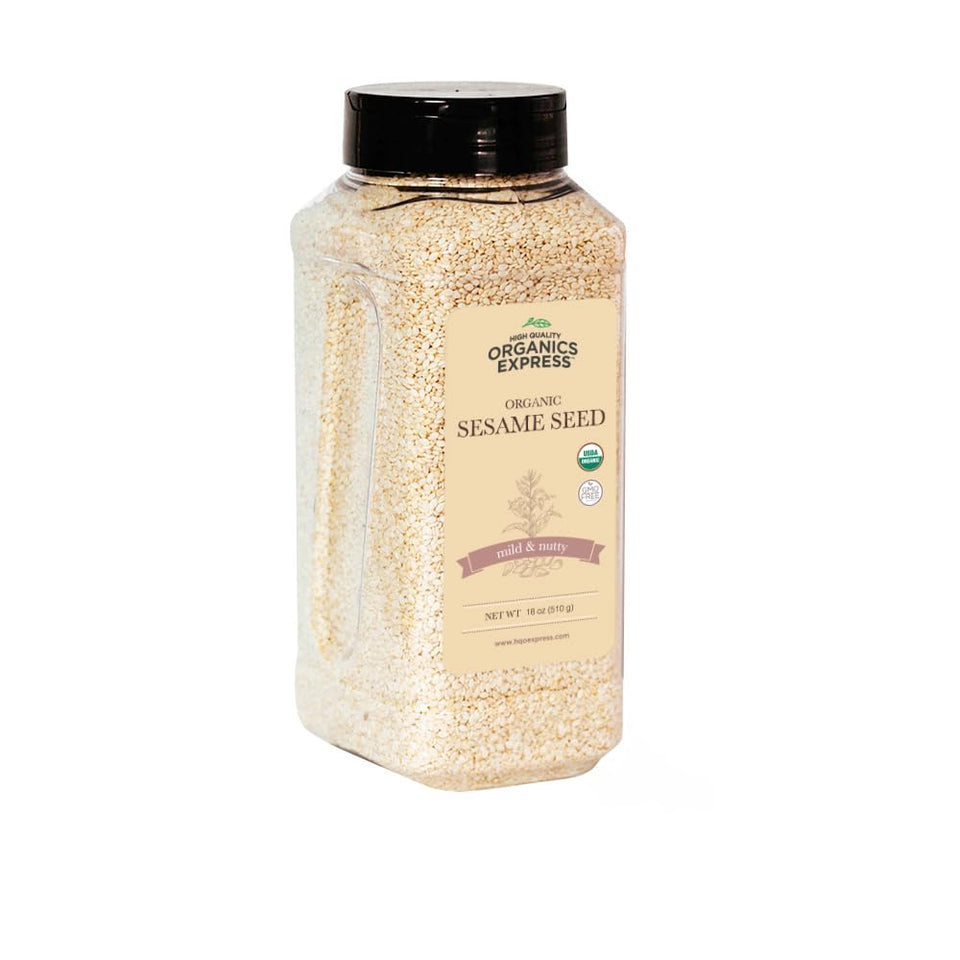 HQOExpress organic white sesame seeds in a chef jar ready for cooking