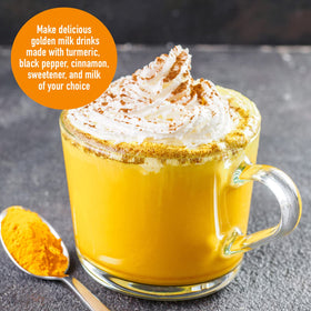 HQOExpress turmeric powder with a measuring spoon for precise seasoning