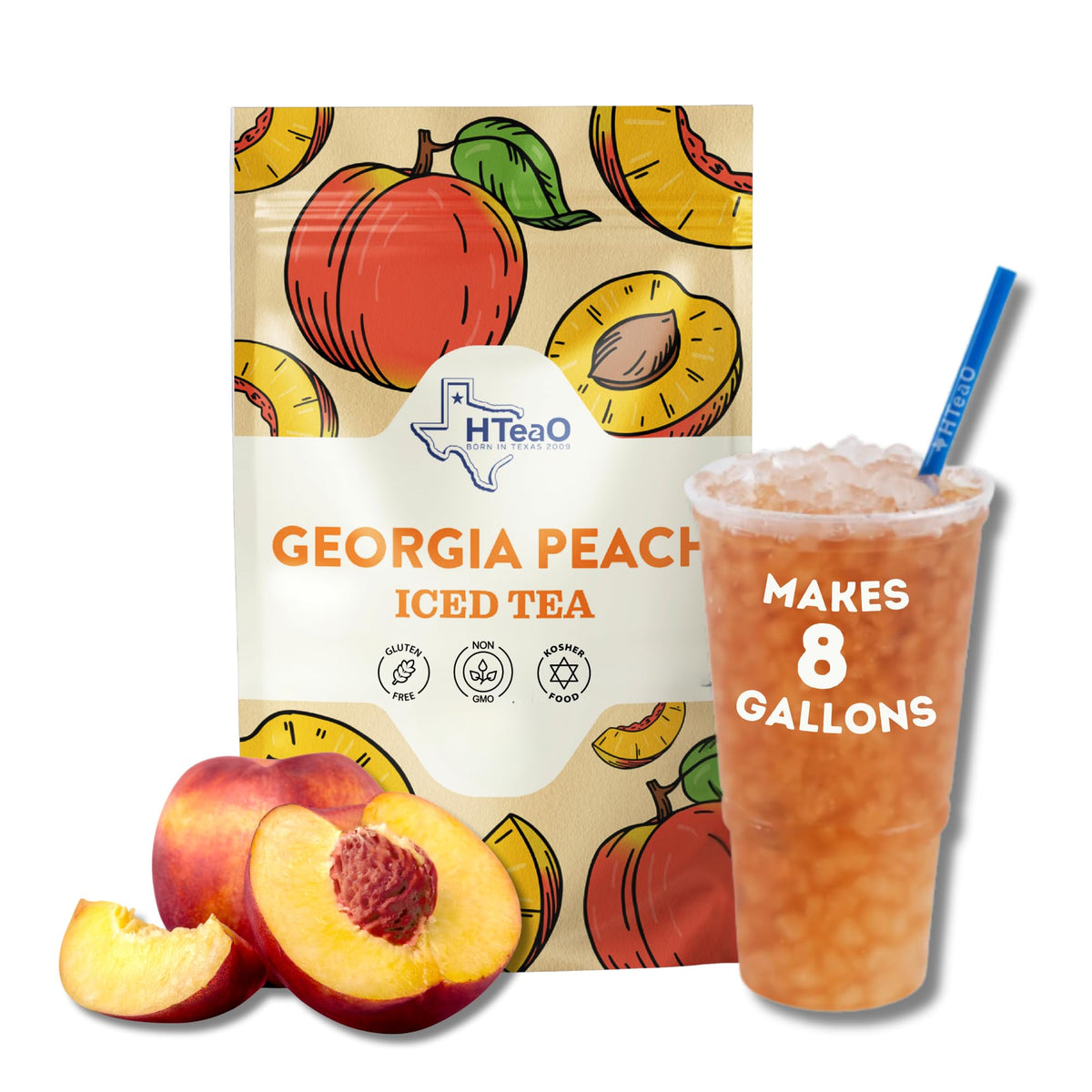 HTEAO Georgia Peach Hibiscus tea packets for crowd-friendly iced tea.