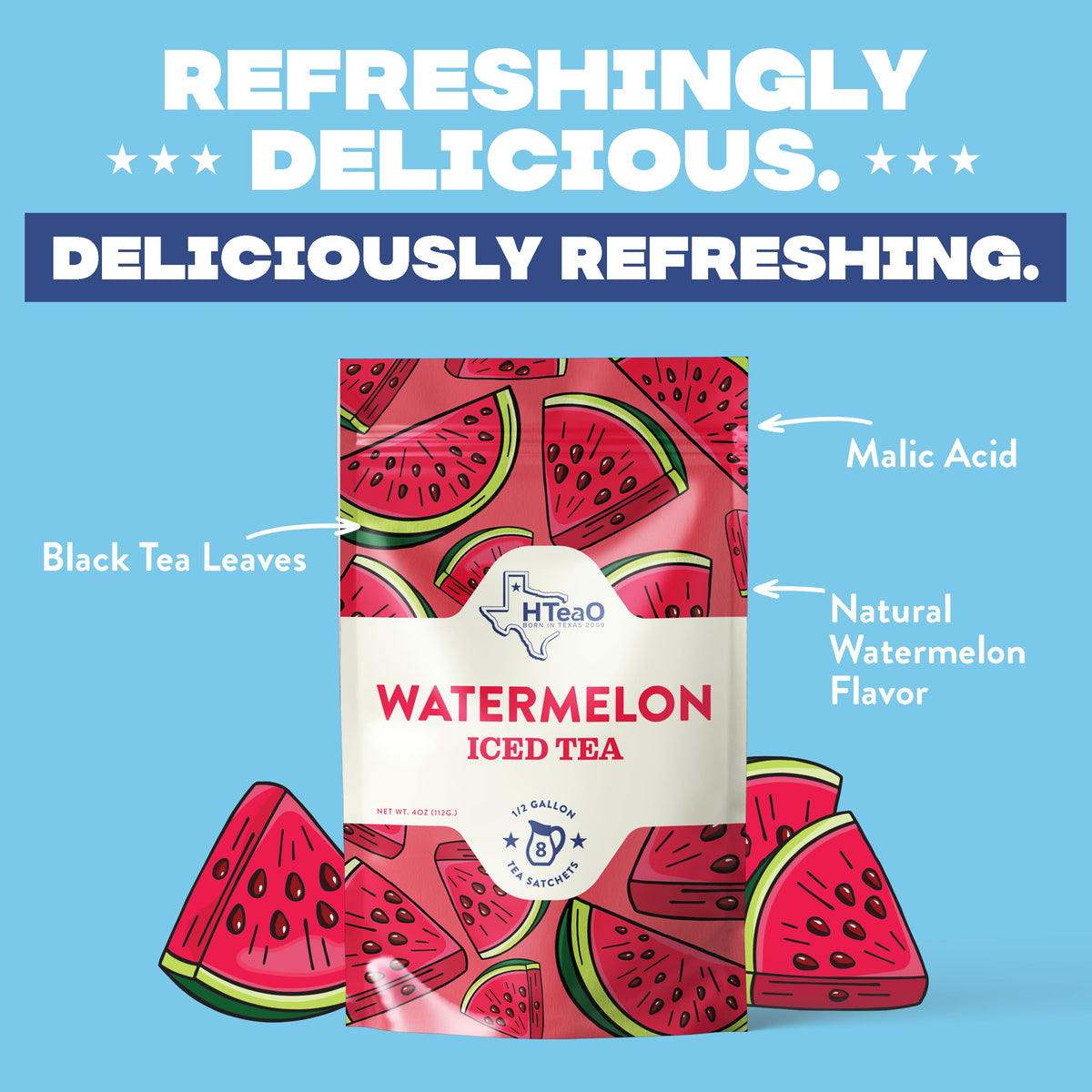HTEAO Watermelon Black Tea sachet brew action, quick 5-minute iced tea.