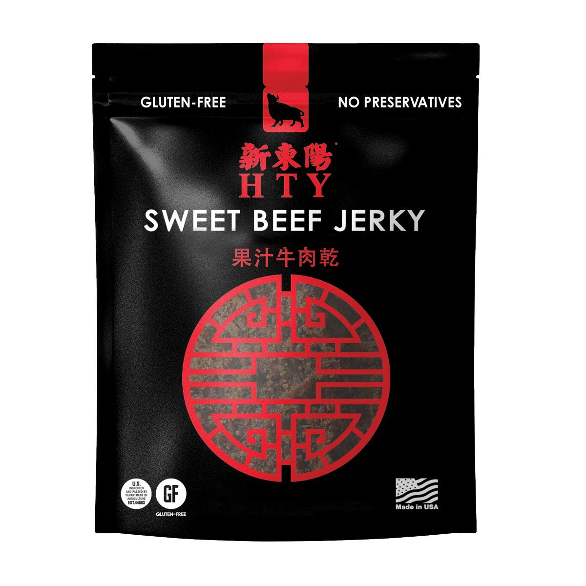 HTY Sweet Beef Jerky packaging shows a convenient 14oz pouch for on-the-go protein.