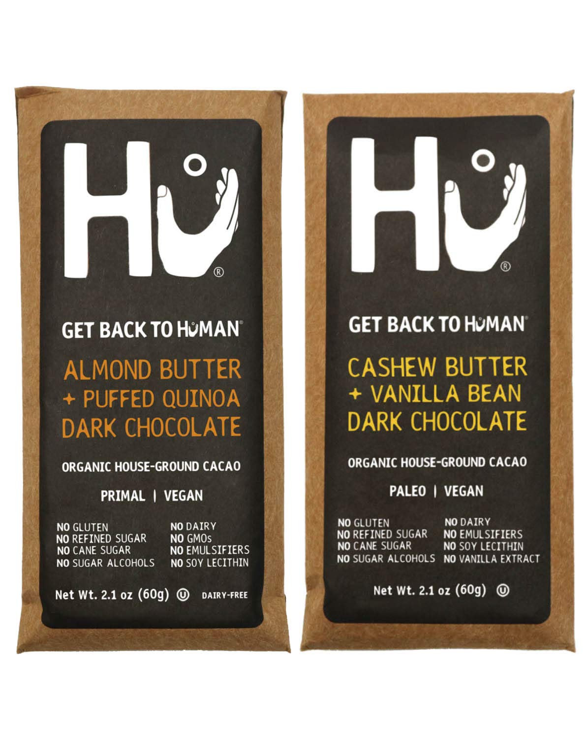 Hu almond butter cashew vanilla bar 2-pack on display, a convenient vegan snack.
