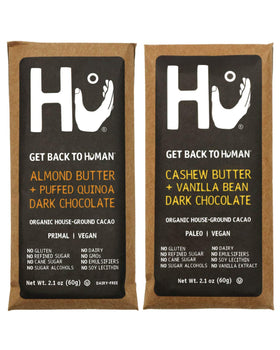 Hu almond butter cashew vanilla bar 2-pack on display, a convenient vegan snack.