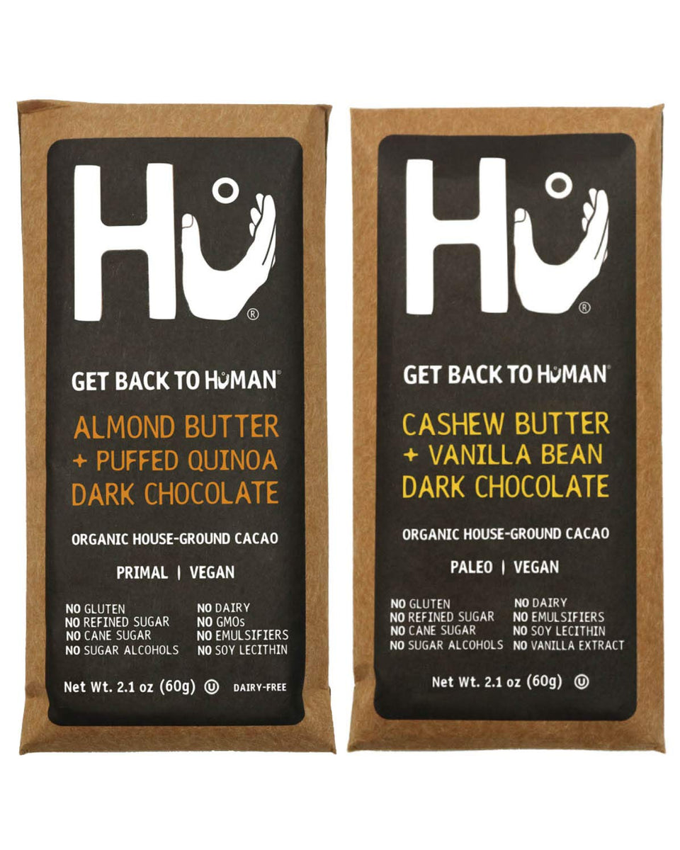 Hu almond butter cashew vanilla bar 2-pack on display, a convenient vegan snack.