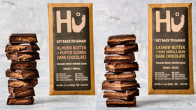 Hu dark chocolate closeup, rich flavor aroma with almond butter for energy.