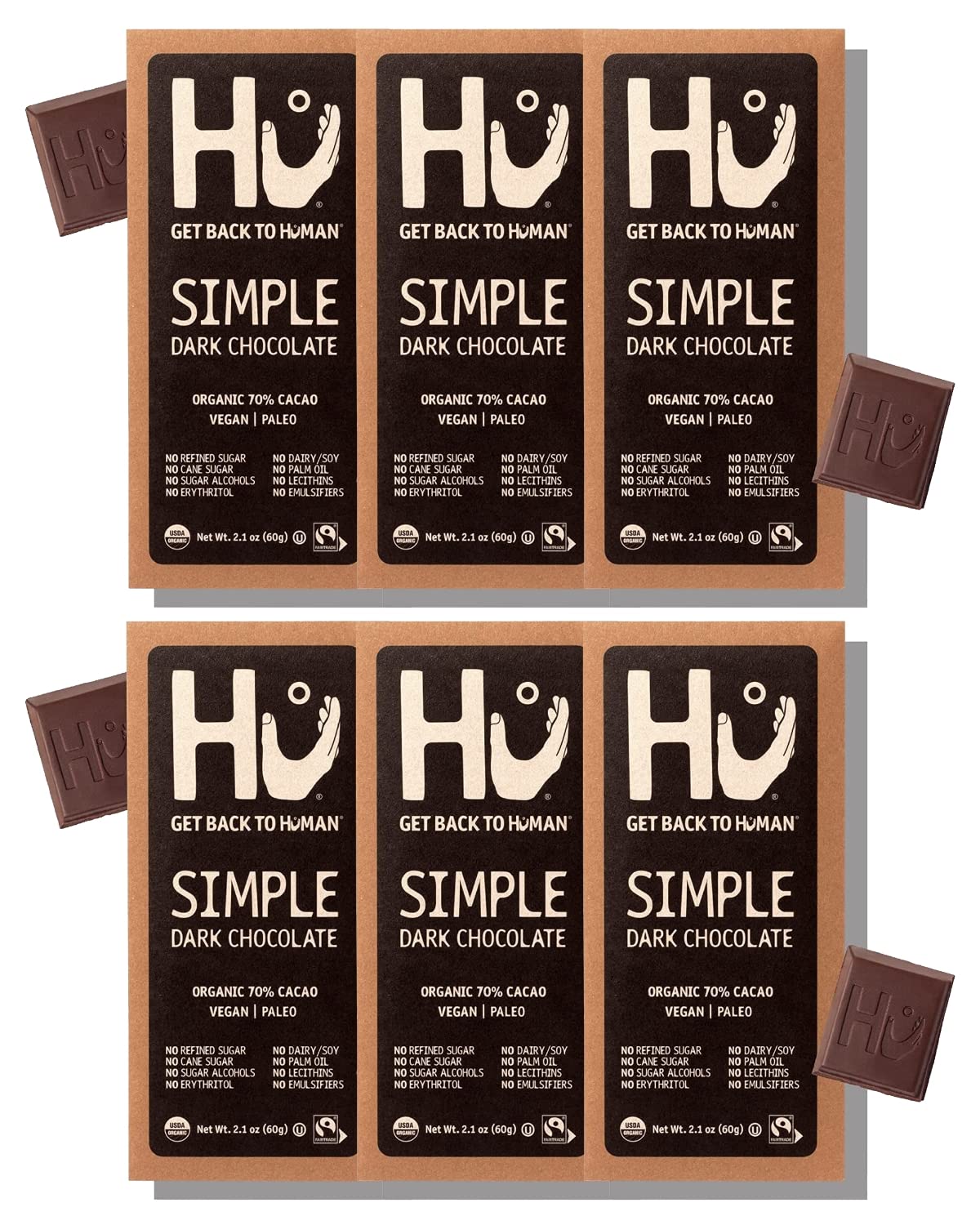 Hu Chocolate Bars 6-pack on display, clean ingredients for mindful snacking