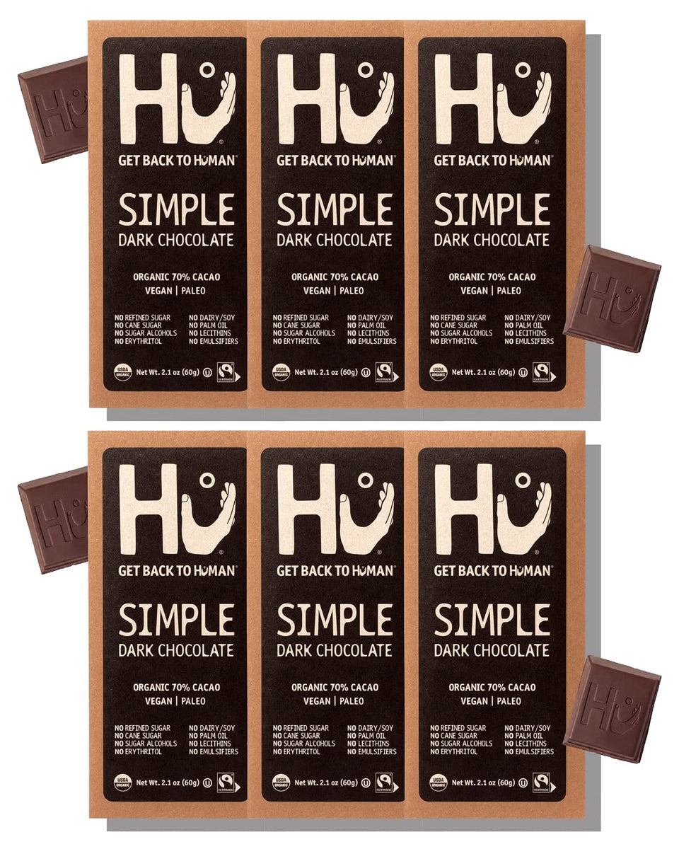 Hu Chocolate Bars 6-pack on display, clean ingredients for mindful snacking