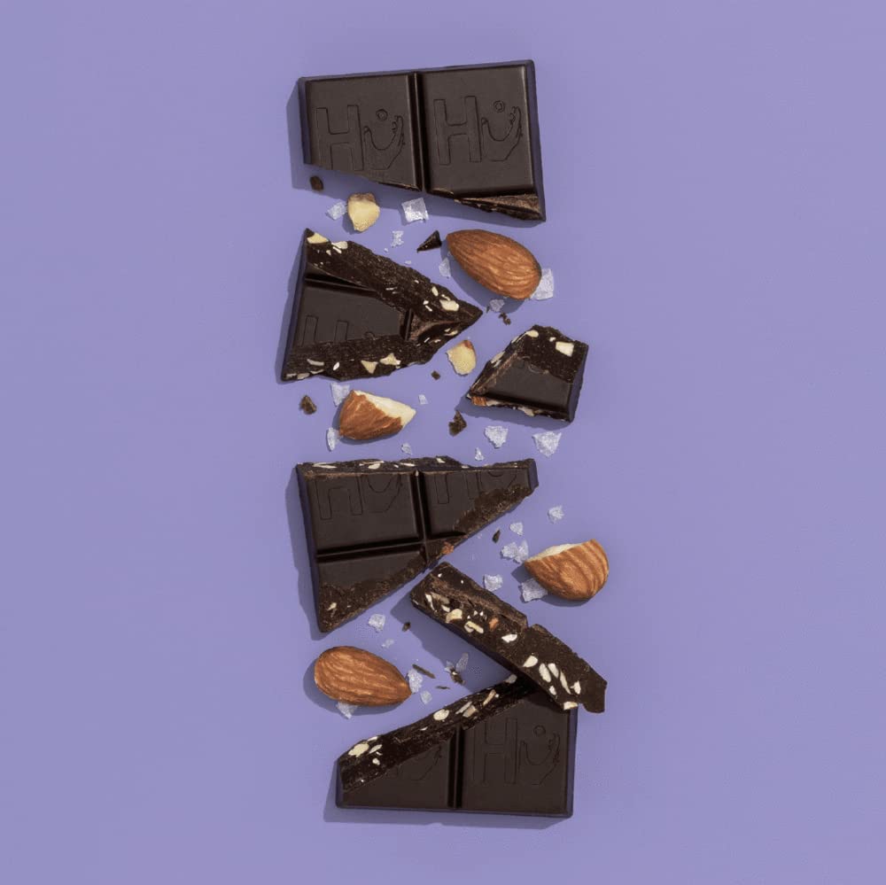 Hu Almond Crunch bar closeup highlights rich cacao and almond crunch texture