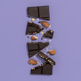 Hu Almond Crunch bar closeup highlights rich cacao and almond crunch texture