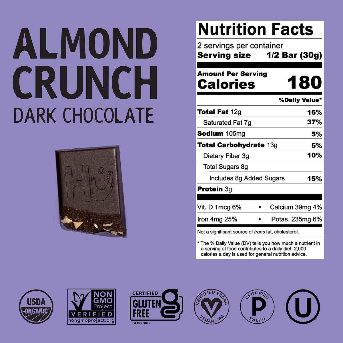 Hu Almond Crunch fair-trade label signals ethical sourcing and responsible choices
