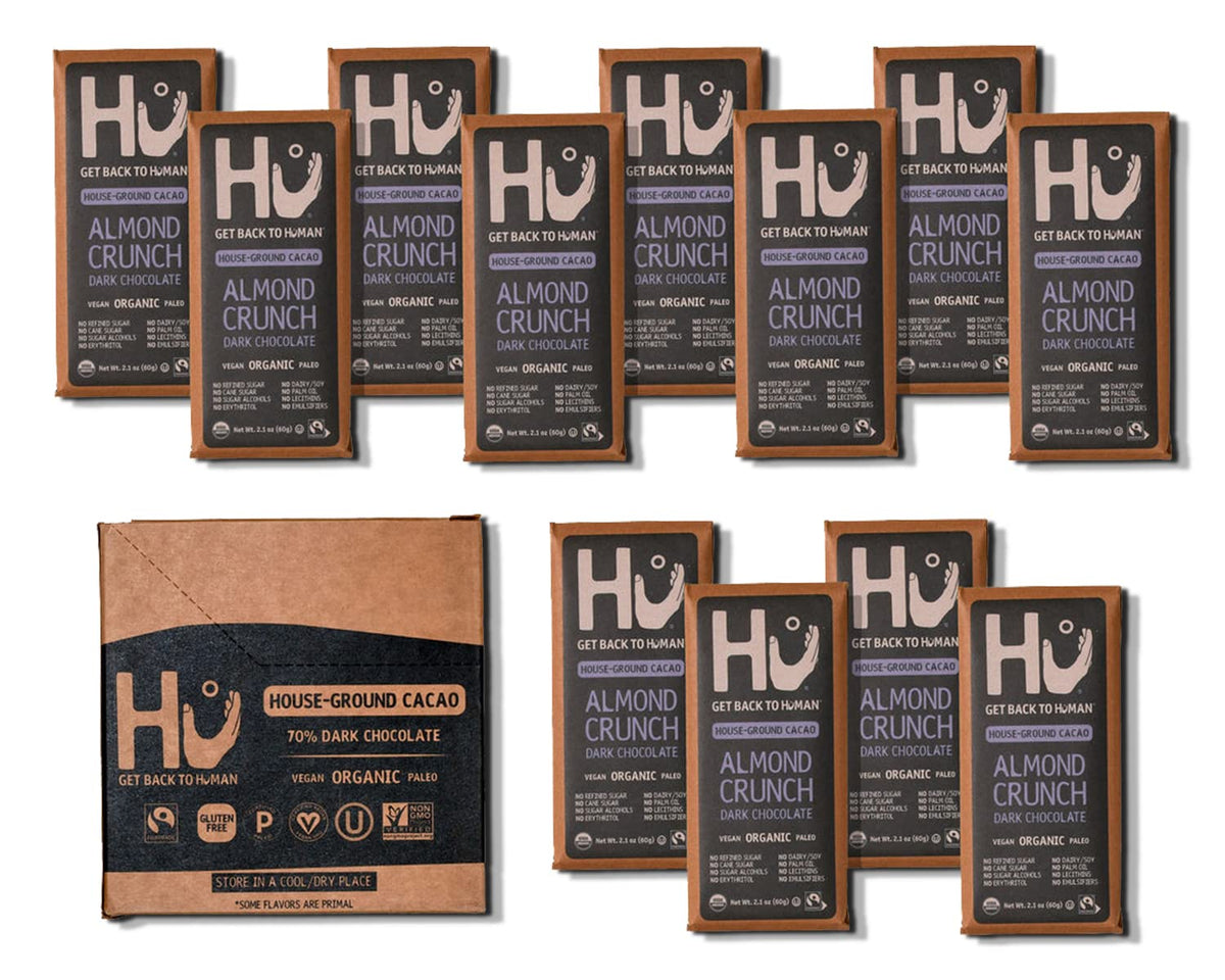 Hu Almond Crunch pack front shows clean ingredients for on-the-go snacking