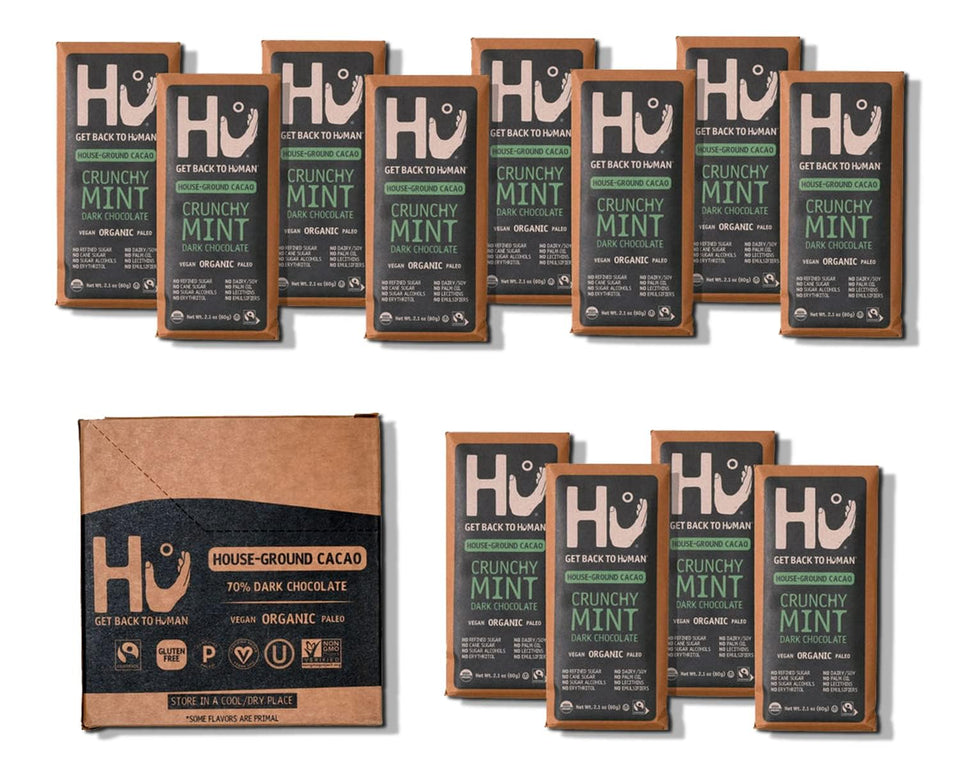 Hu Crunchy Mint bar with minty chocolate, vegan and gluten-free.
