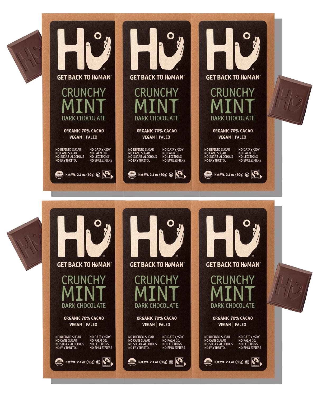 Hu Chocolate Bars Crunchy Mint close-up showing crisp cacao nibs for a refreshing bite.