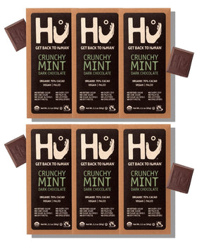 Hu Chocolate Bars Crunchy Mint close-up showing crisp cacao nibs for a refreshing bite.