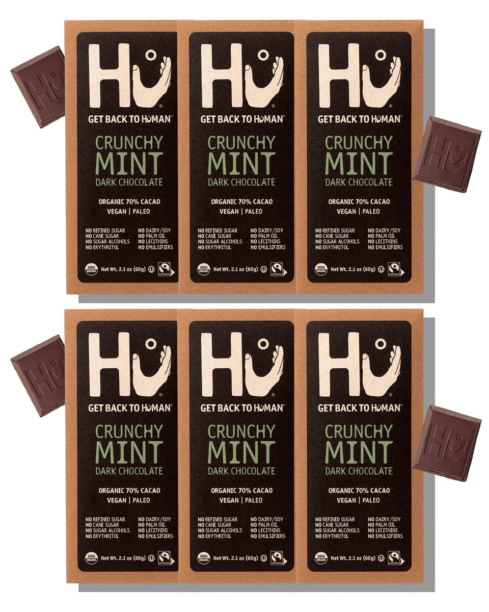 Hu Chocolate Bars Crunchy Mint close-up showing crisp cacao nibs for a refreshing bite.