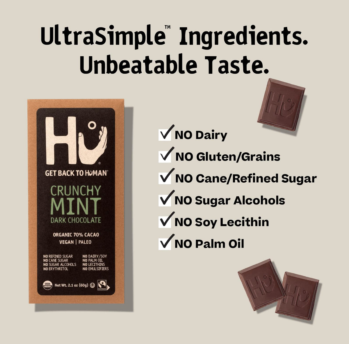 Hu Chocolate Bars Crunchy Mint unwrap shot highlights clean ingredient list for vegan, paleo snacking.