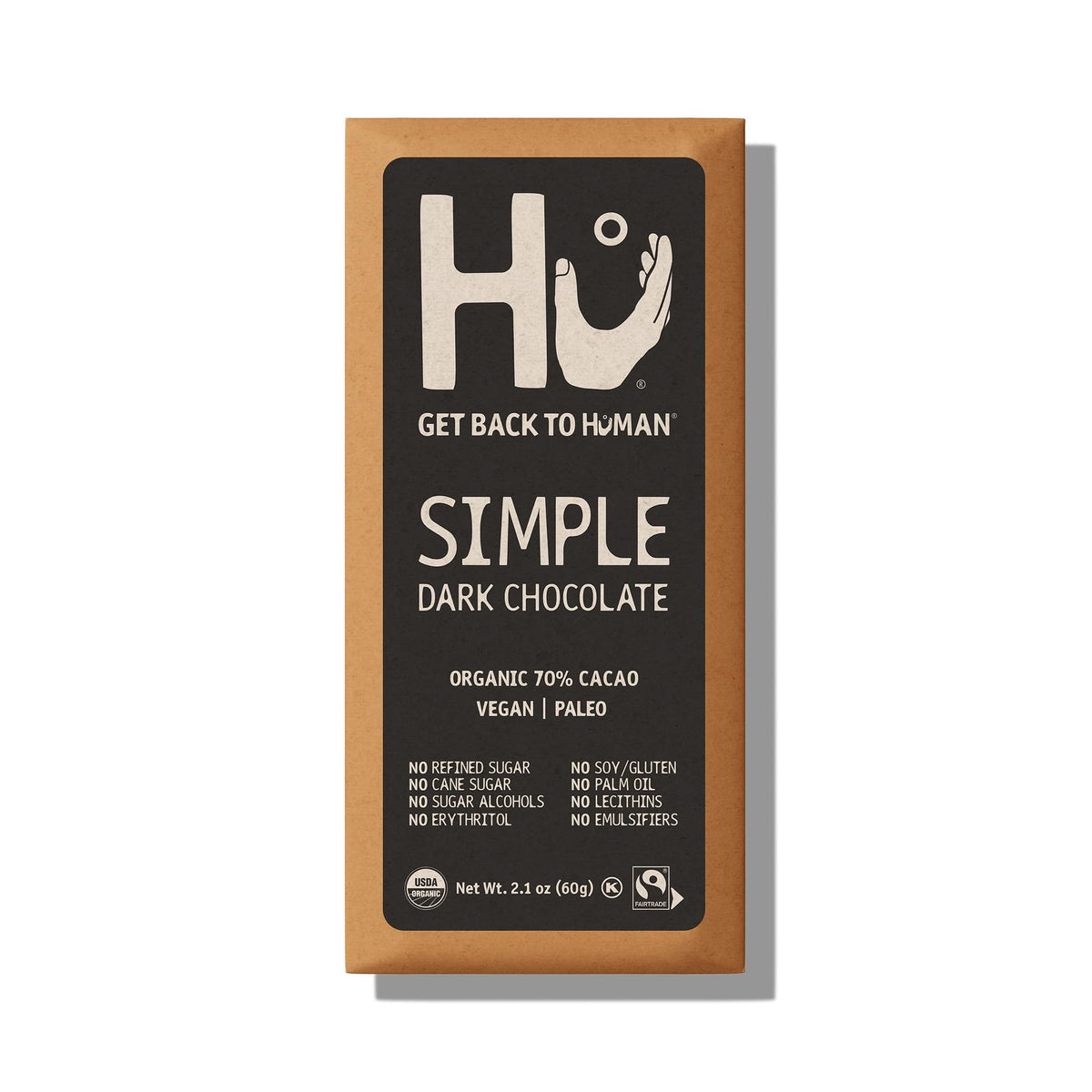 Hu Chocolate Bars ingredients display emphasizes cacao, coconut sugar, and organic cacao butter.