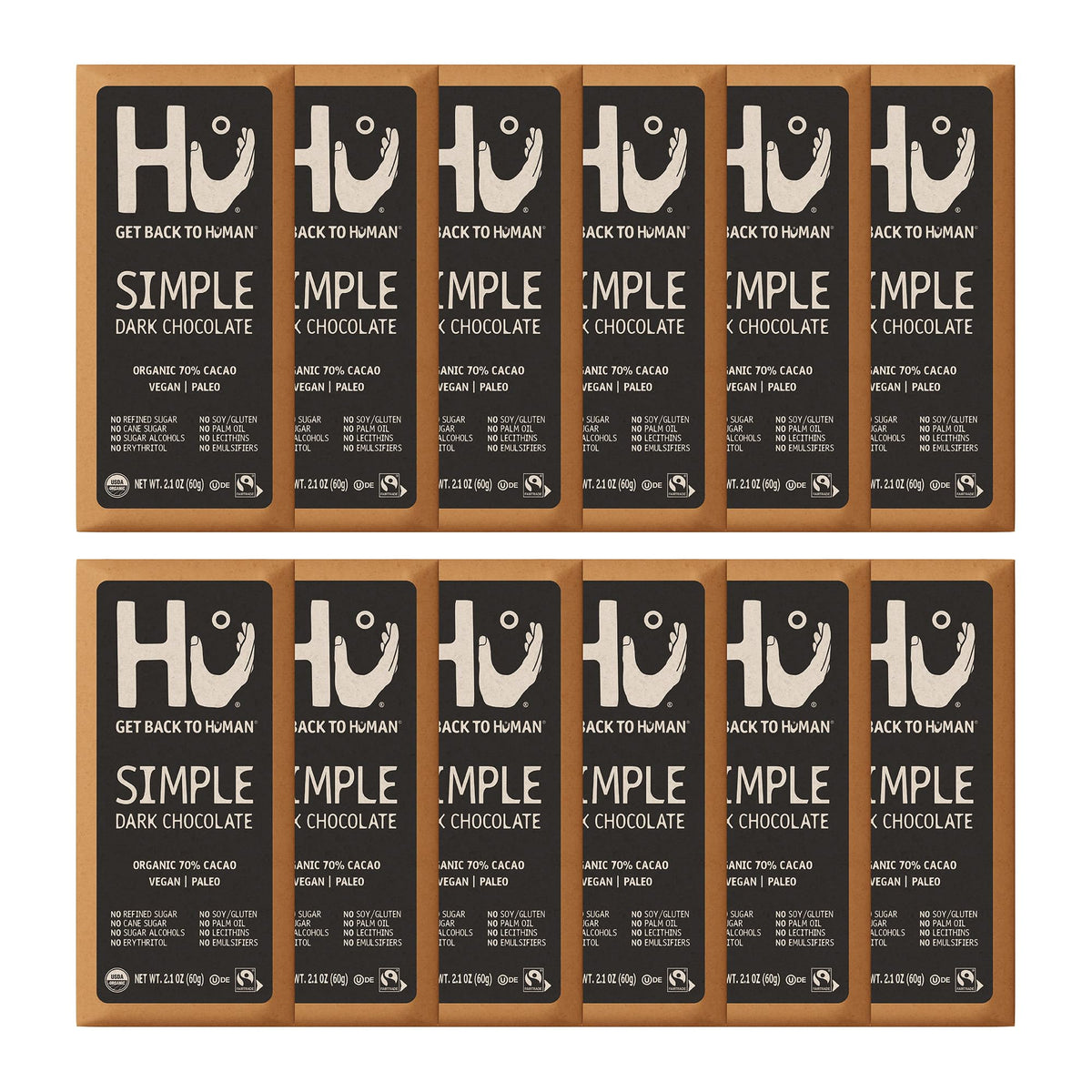 Hu Chocolate Bars 12-pack packaging shows clean labeling for health-conscious shoppers.