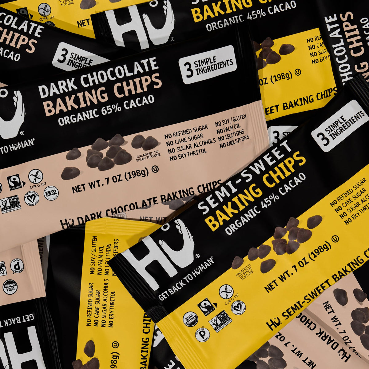 Hu chocolate chips ingredients showing 65% cacao and unrefined coconut sugar.