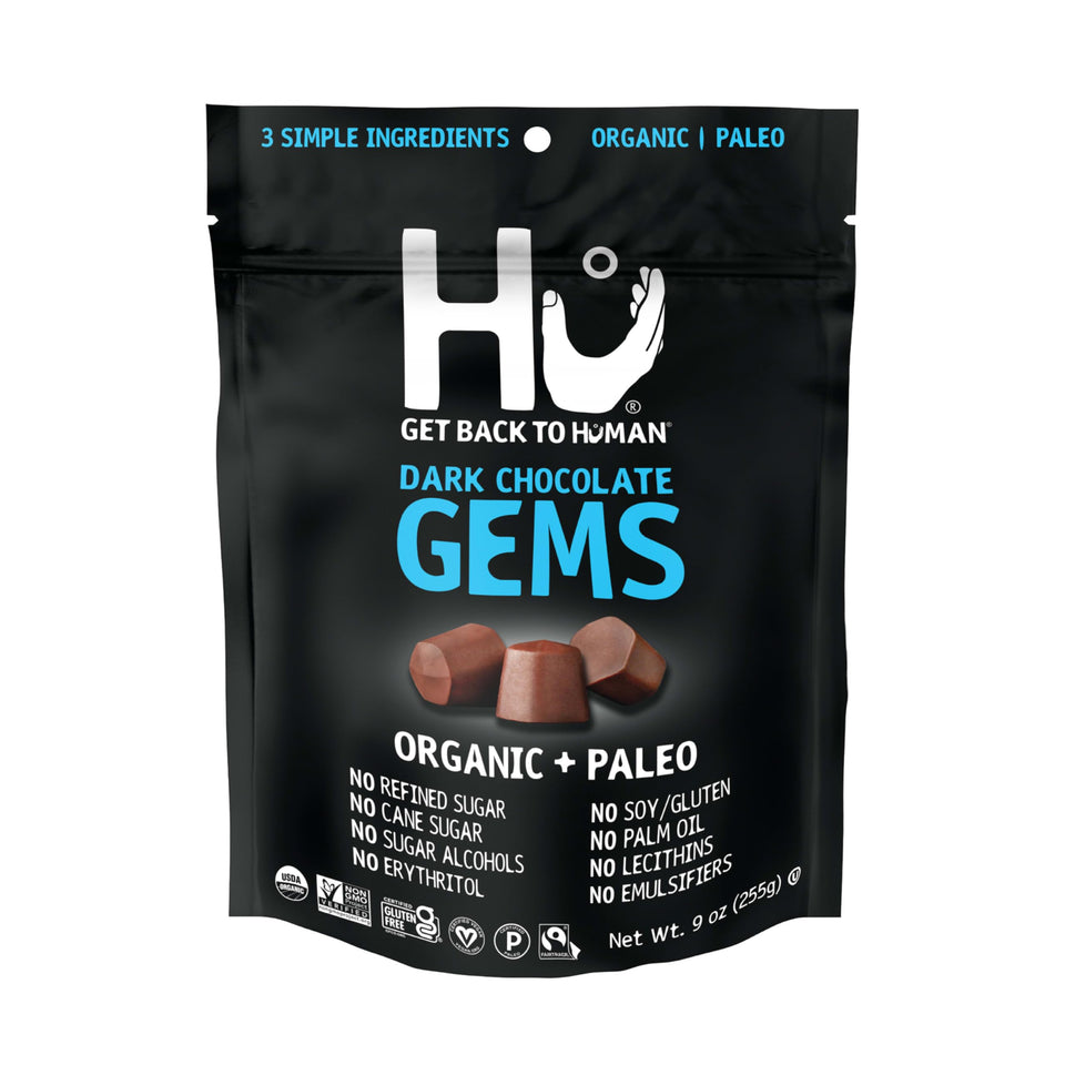 Hu Gems chocolate chips in bag ideal for baking and snacking.