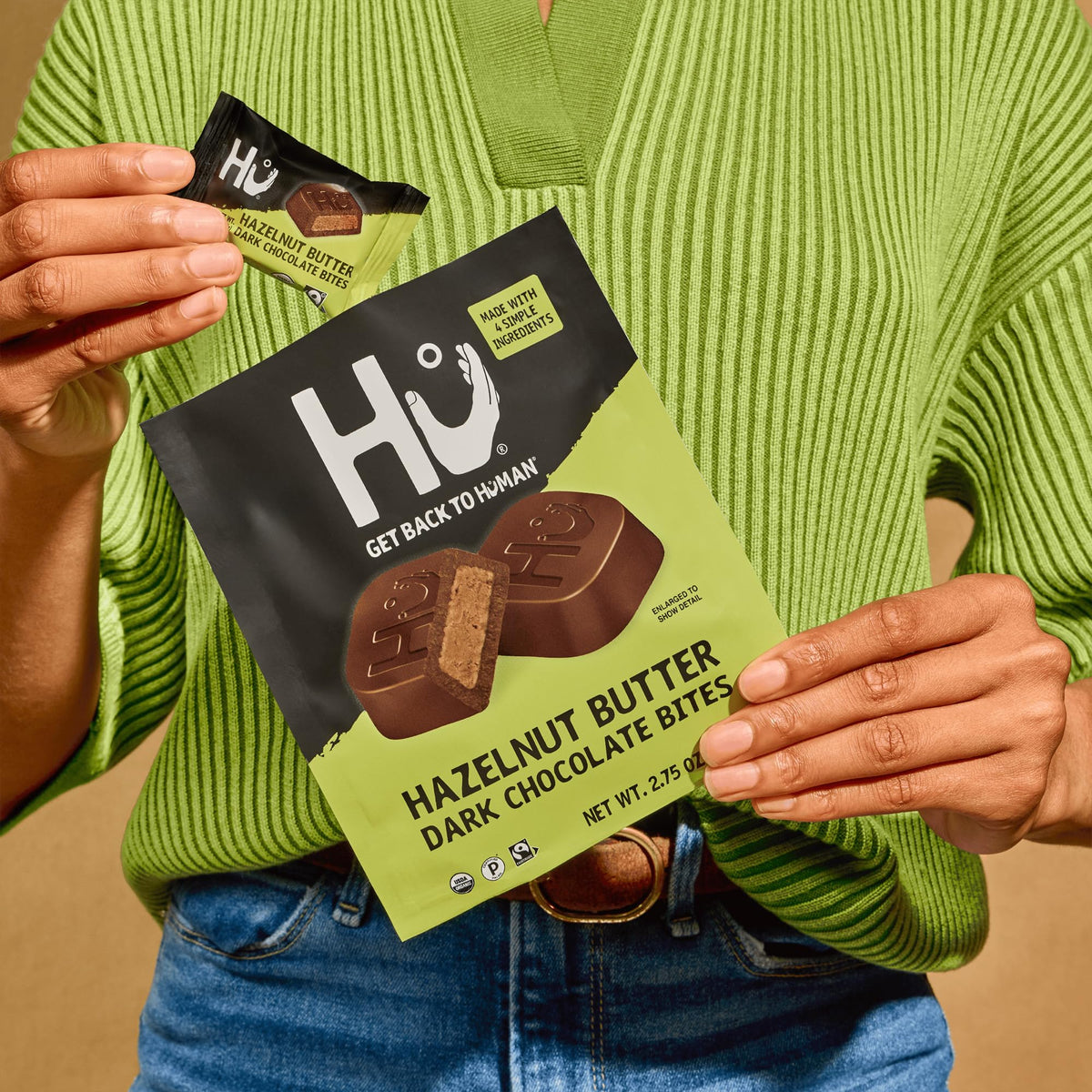 Hu Hazelnut Butter Dark Chocolate Bites close-up of creamy hazelnut center