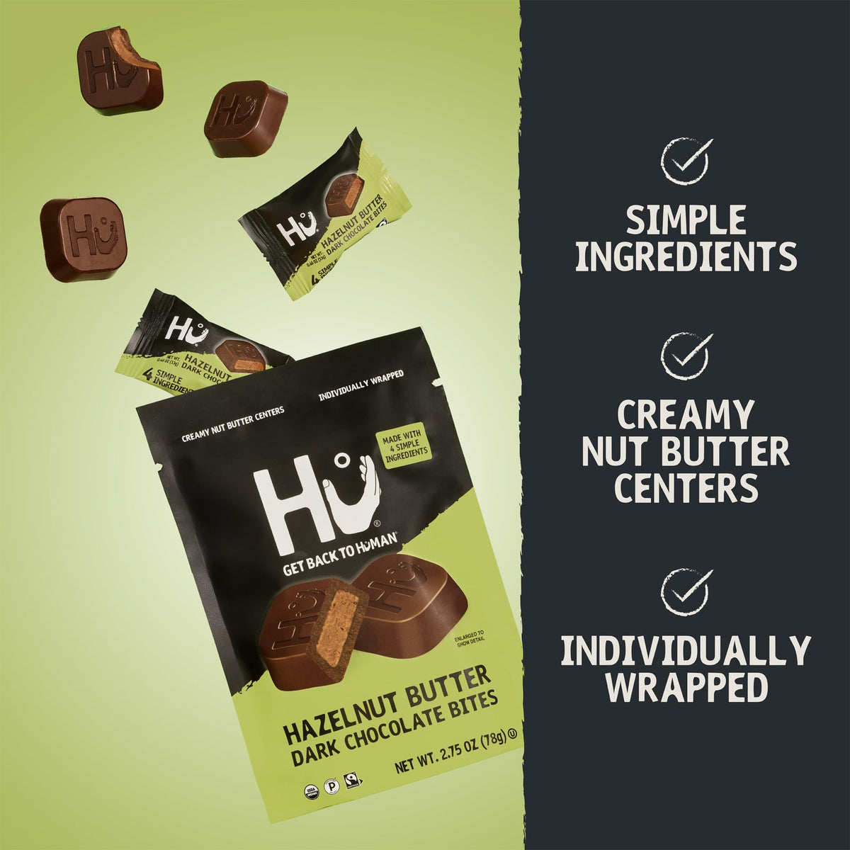 Hu Hazelnut Butter Dark Chocolate Bites, individually wrapped pieces for easy portion control