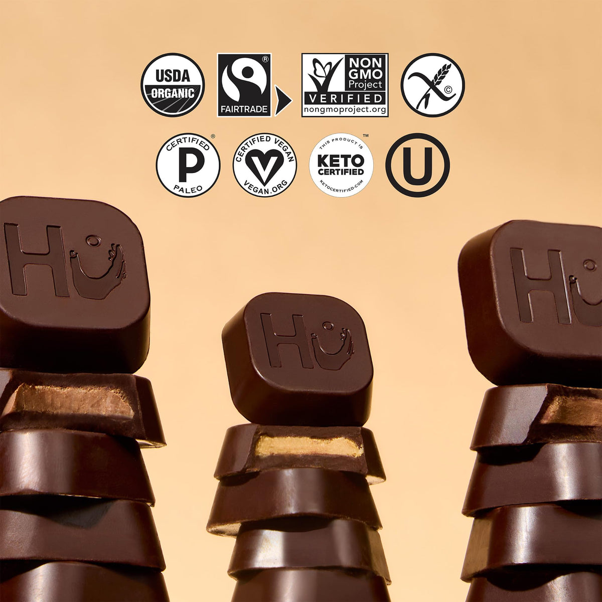 Hu Hazelnut Butter Dark Chocolate Bites show no refined sugar claim on packaging