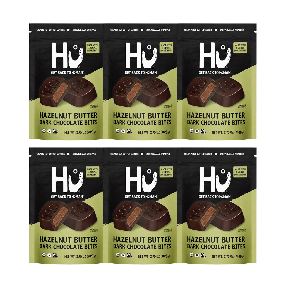 Hu Hazelnut Butter Dark Chocolate Bites pack front, convenient six-pack for on-the-go snacking