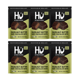 Hu Hazelnut Butter Dark Chocolate Bites pack front, convenient six-pack for on-the-go snacking