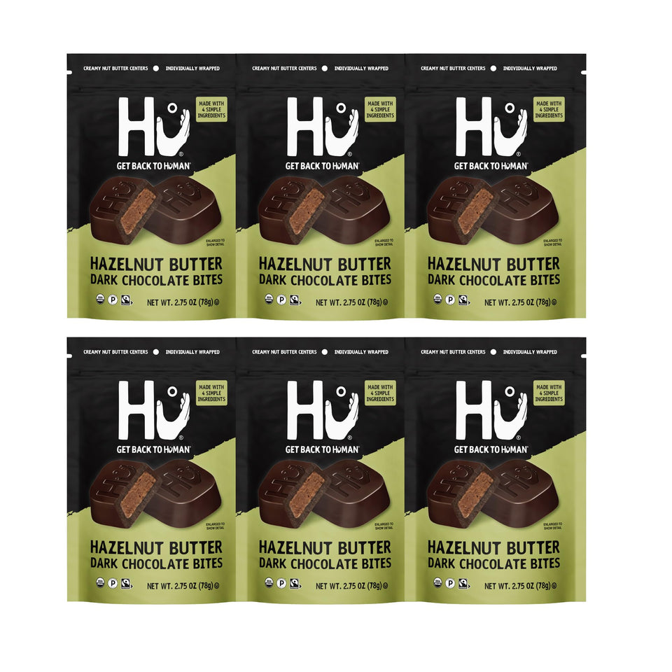 Hu Hazelnut Butter Dark Chocolate Bites pack front, convenient six-pack for on-the-go snacking
