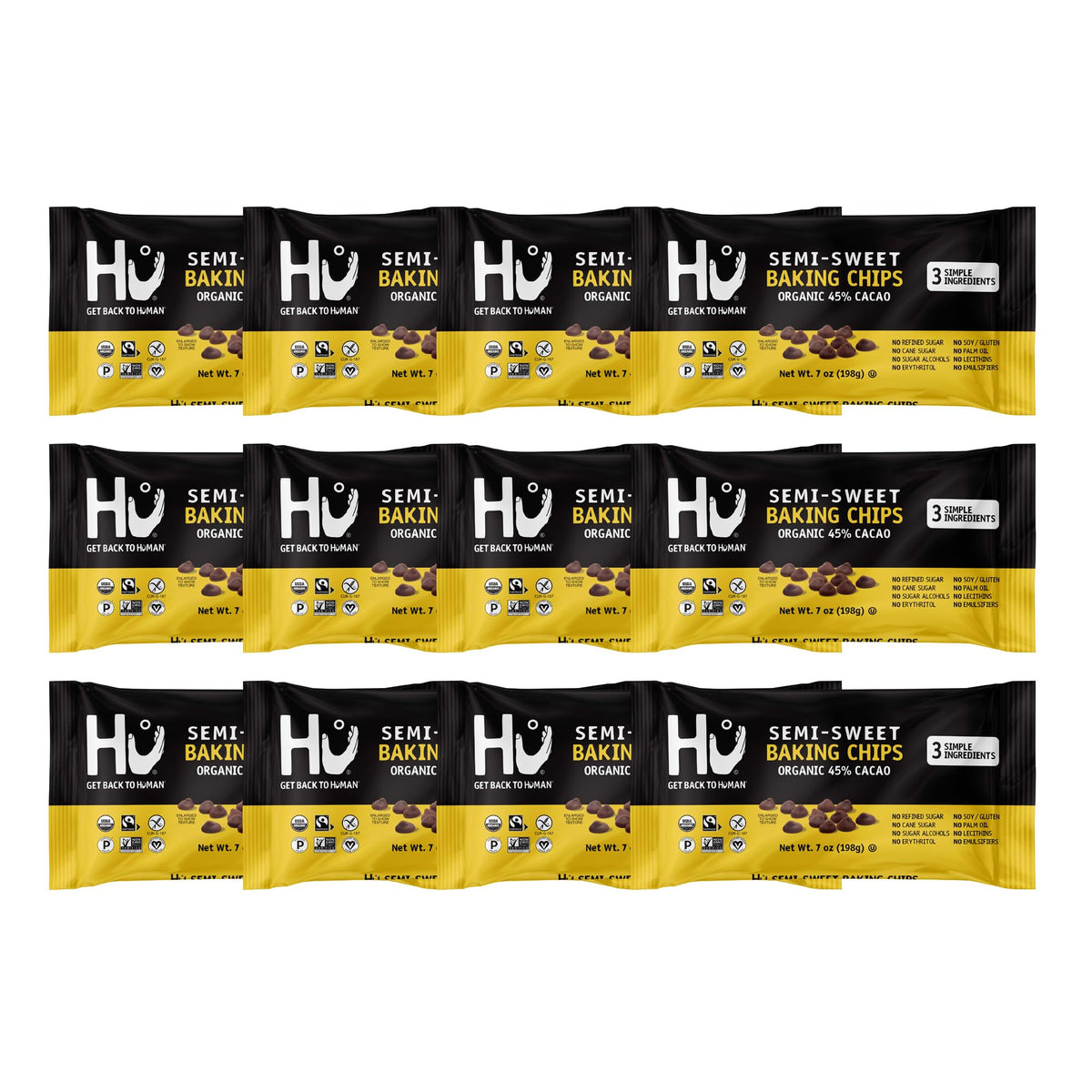 Hu semi-sweet chocolate chips close-up, perfect for cookies and brownies.