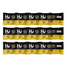 Hu semi-sweet chocolate chips close-up, perfect for cookies and brownies.