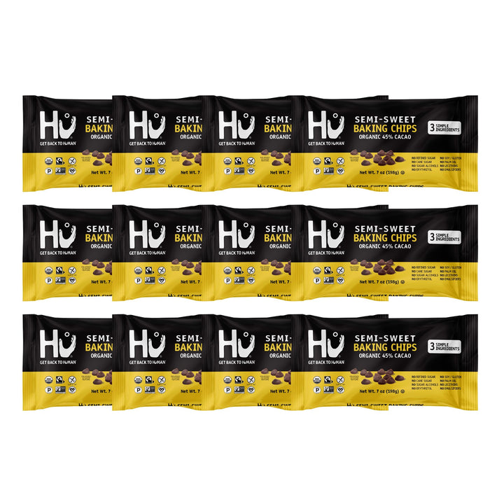 Hu semi-sweet chocolate chips close-up, perfect for cookies and brownies.