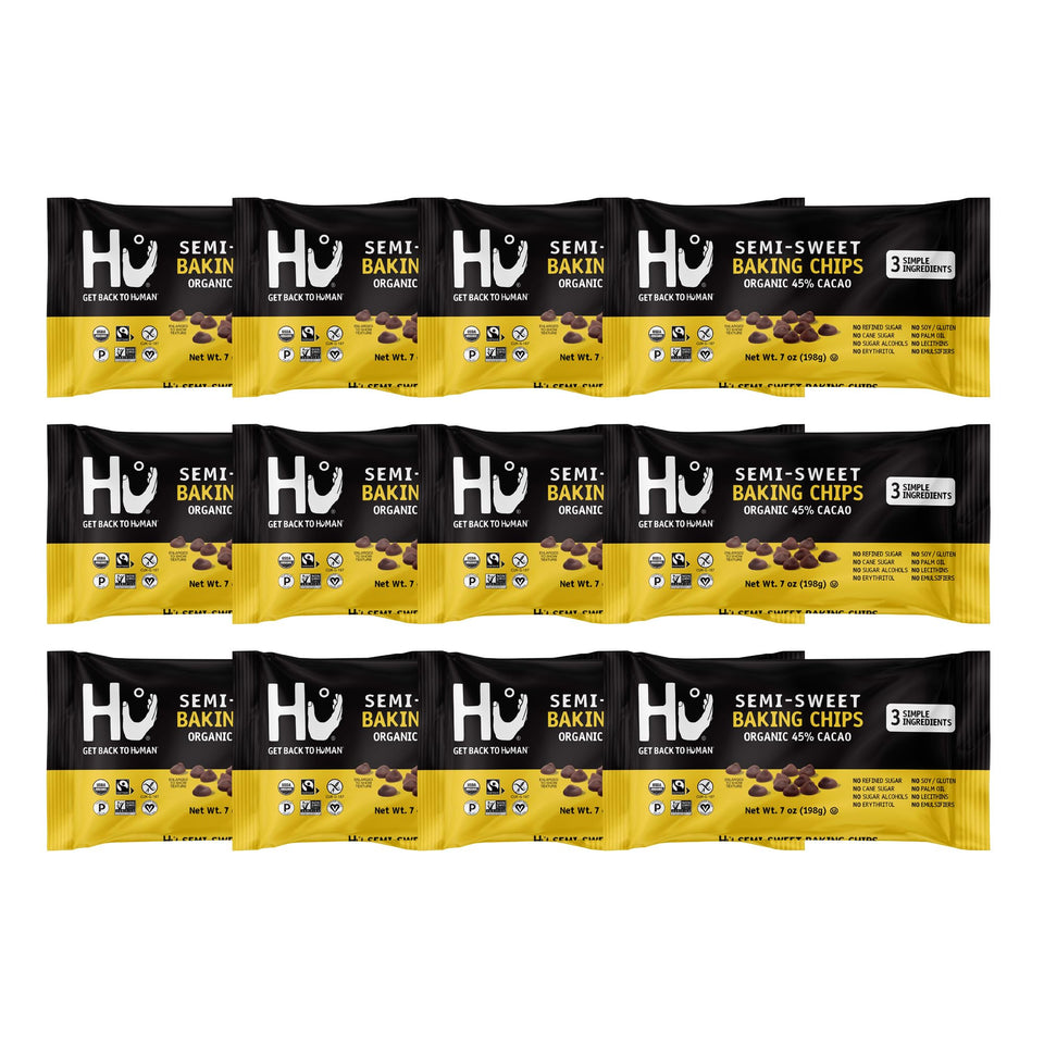 Hu semi-sweet chocolate chips close-up, perfect for cookies and brownies.