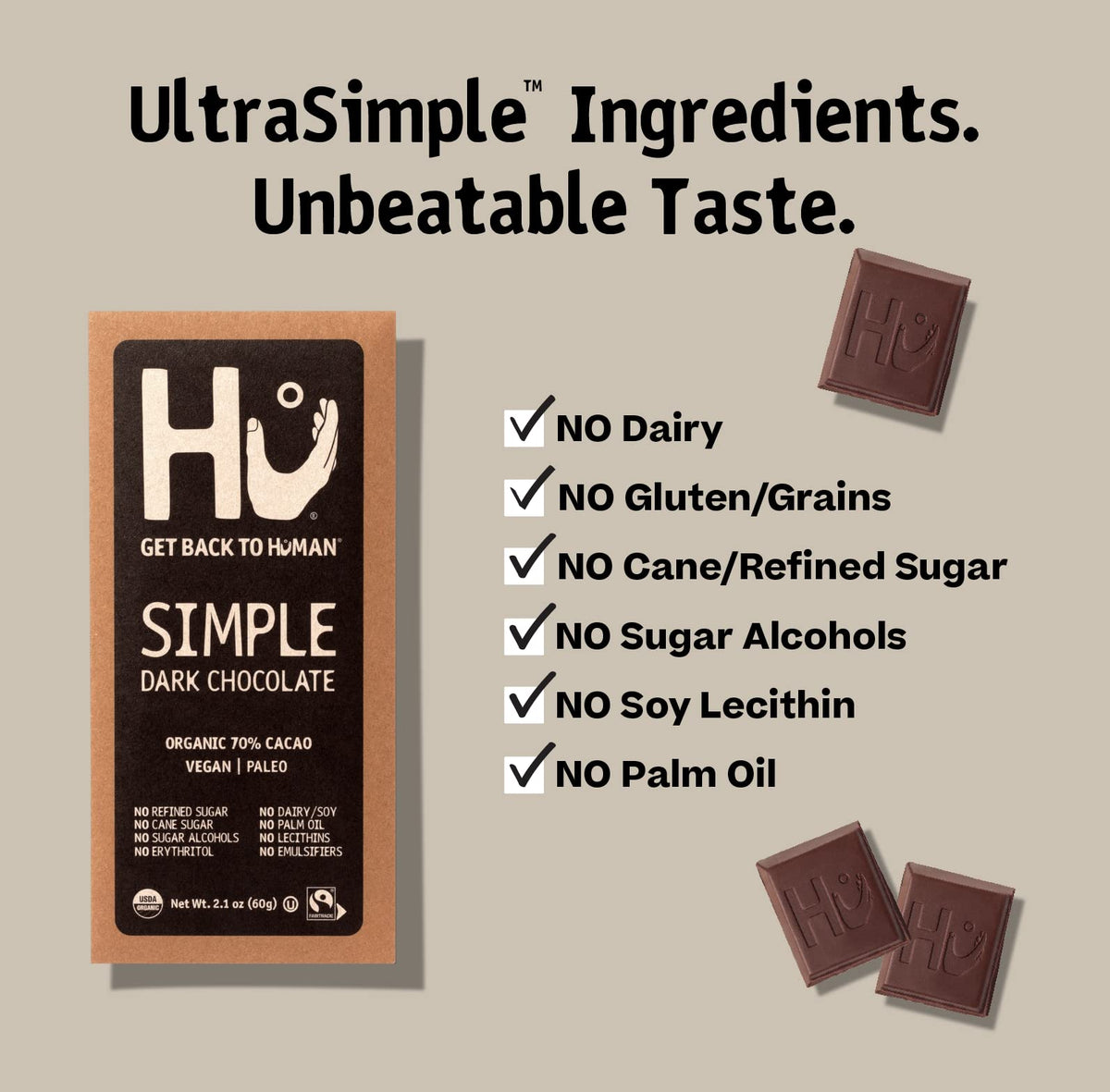 Hu Simple Dark Chocolate bar close-up, rich cocoa with caramel notes