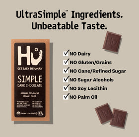 Hu Simple Dark Chocolate bar close-up, rich cocoa with caramel notes