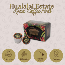 Hualalai Estate Kona medium-dark roast K-Cups ready for brewing.