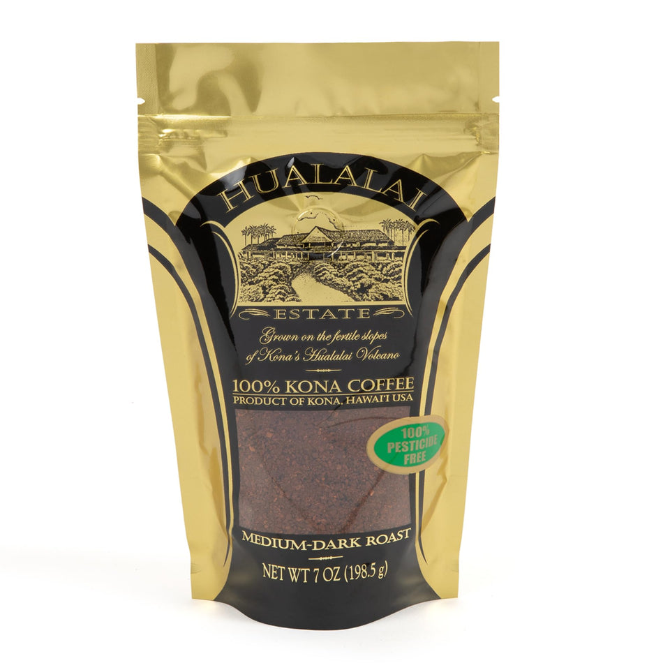 Hualalai Estate Kona coffee packaging highlights premium grounds for discerning home brewers