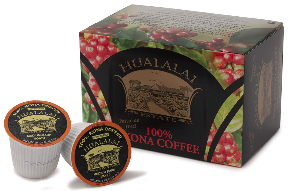 Hualalai Estate Kona pods packaging showing recyclable K-Cups for easy home use.